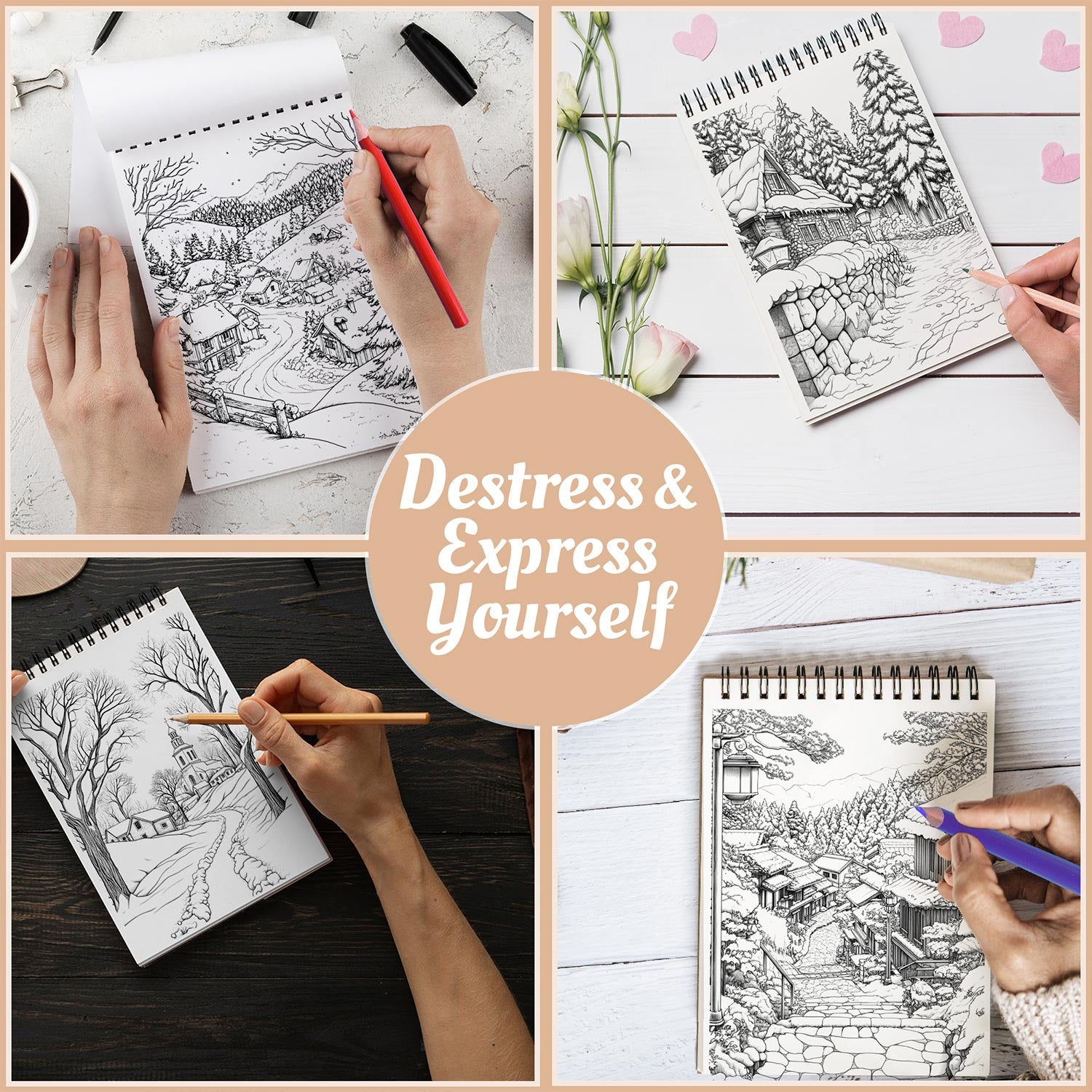 Netecom Winter Village Coloring Book Spiral Bound For Adults