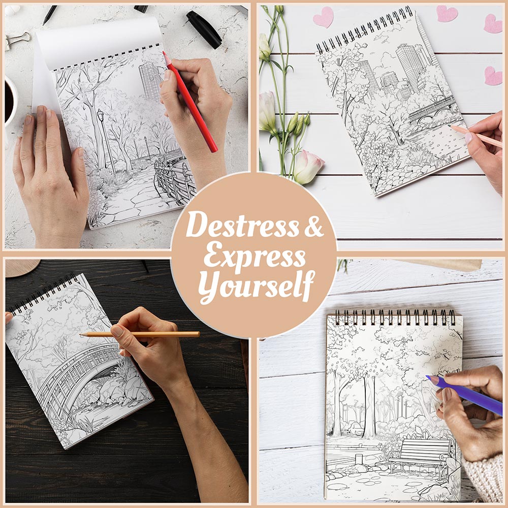 City Parks in Spring Coloring Book Spiral Bound For Adults