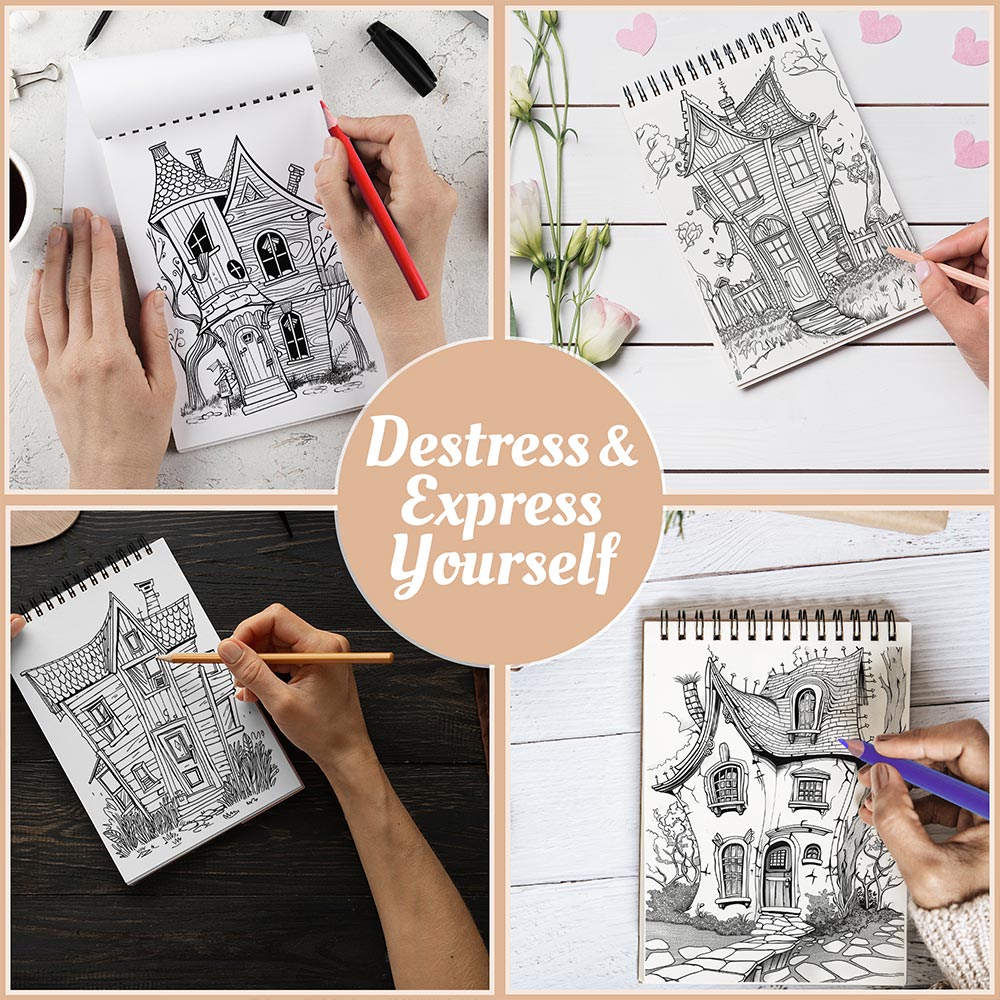 Netecom Crooked Houses Coloring Book Spiral Bound For Adults