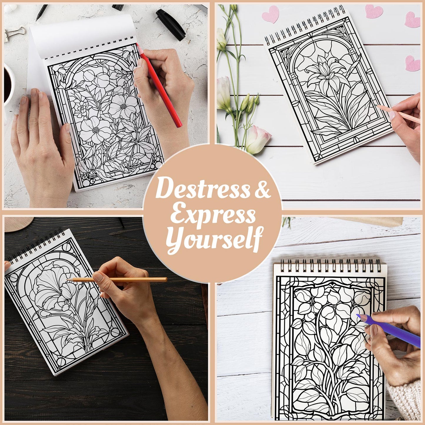 Netecom Stained Glass Flowers Coloring Book Spiral Bound For Adults