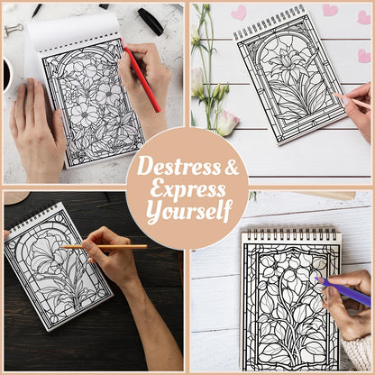 Netecom Stained Glass Flowers Coloring Book Spiral Bound For Adults