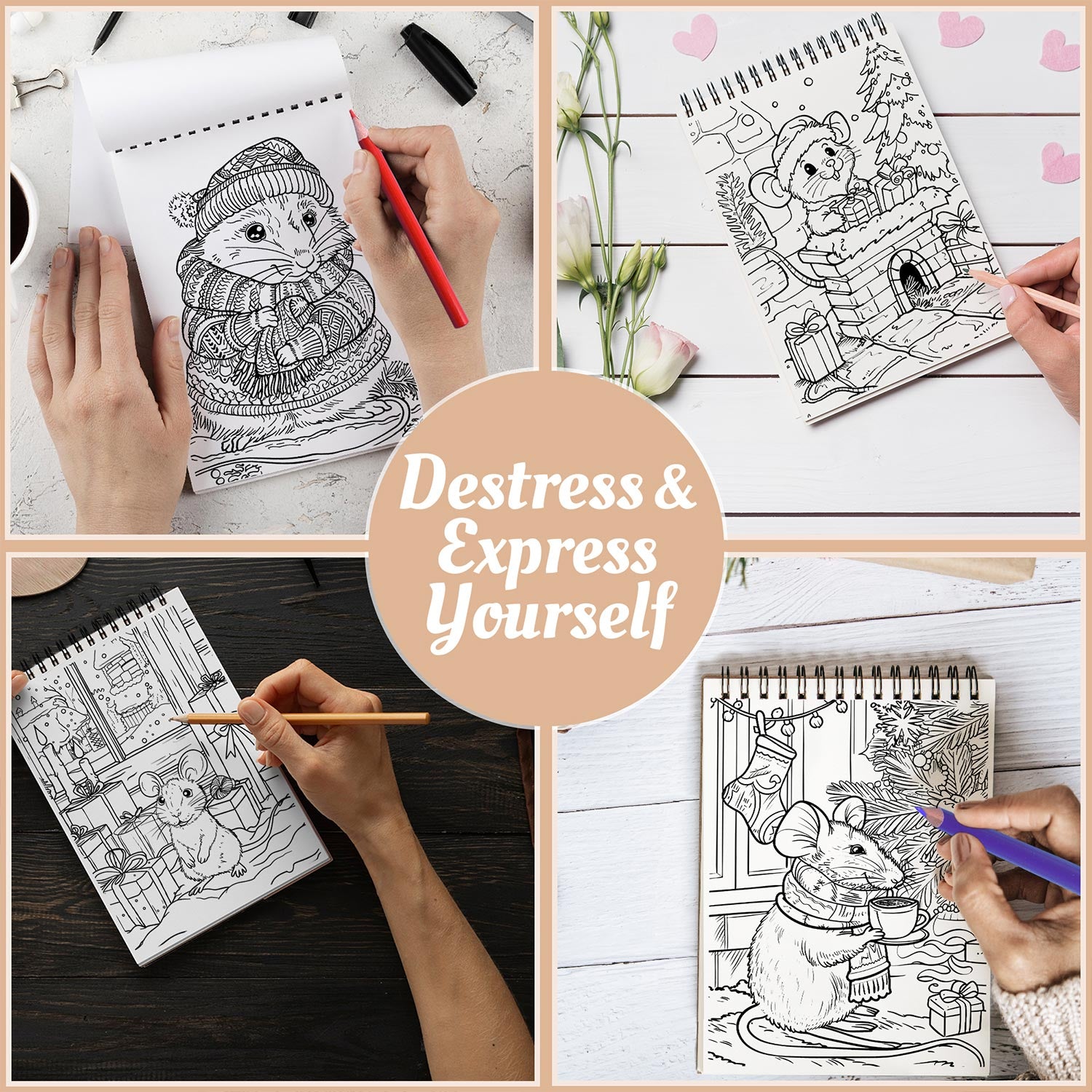 Netecom Christmas Mouse Coloring Book Spiral Bound For Adults