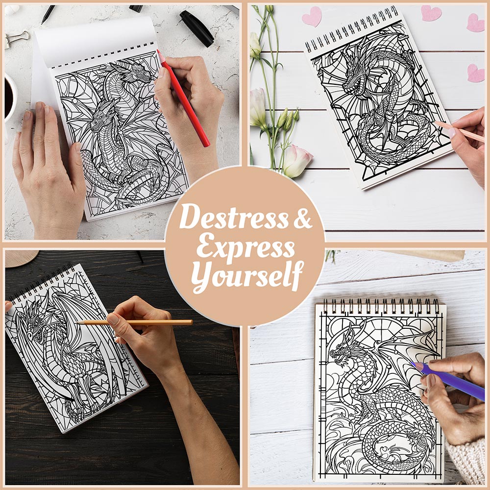 Netecom Stained Glass Dragons Coloring Book Spiral Bound For Adults