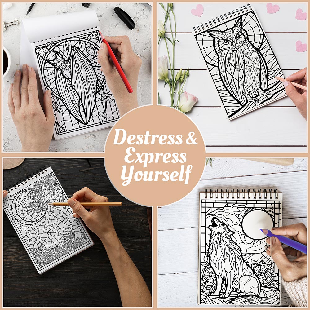 Netecom Stained Glass Night Coloring Book Spiral Bound For Adults
