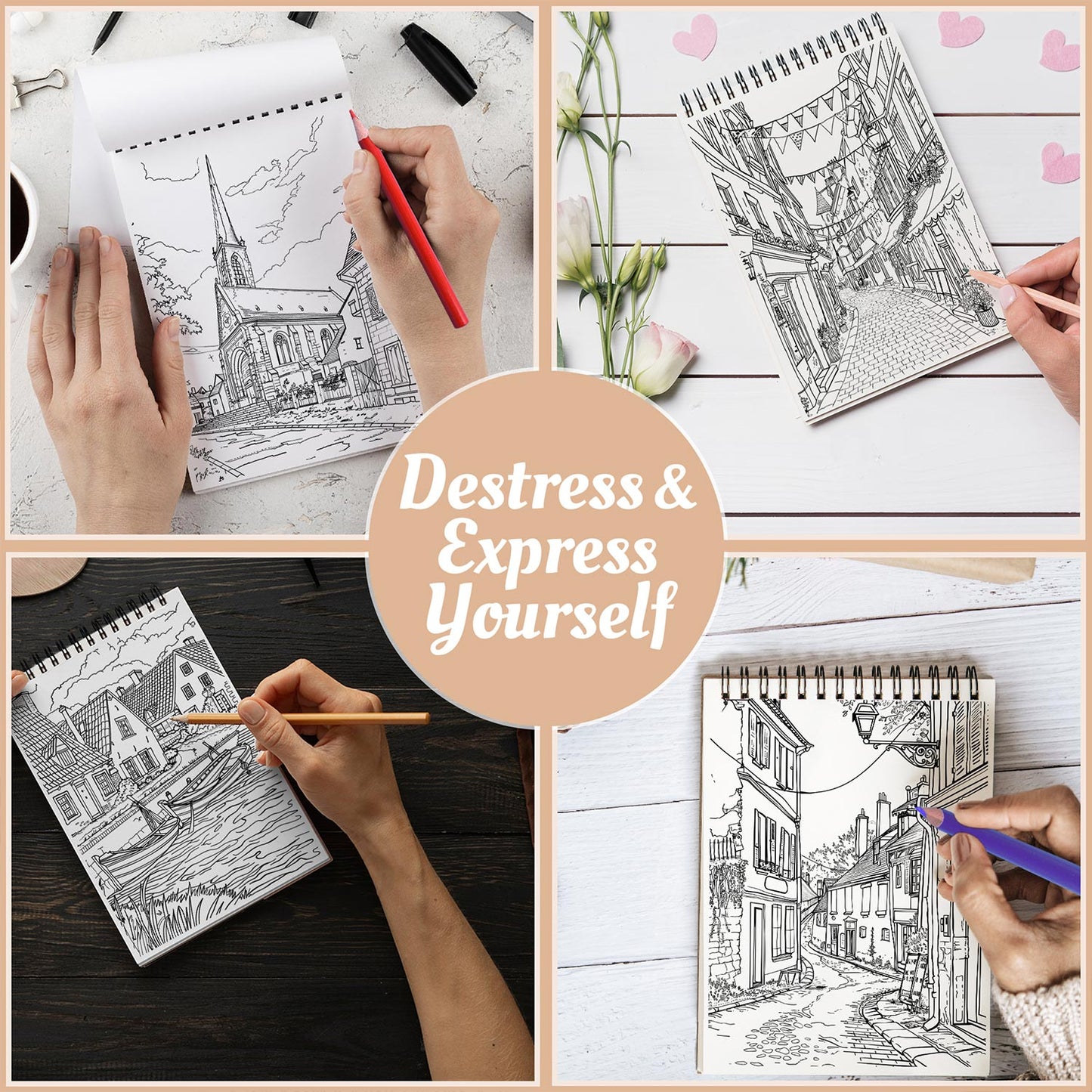 Netecom French Town Coloring Book Spiral Bound For Adults