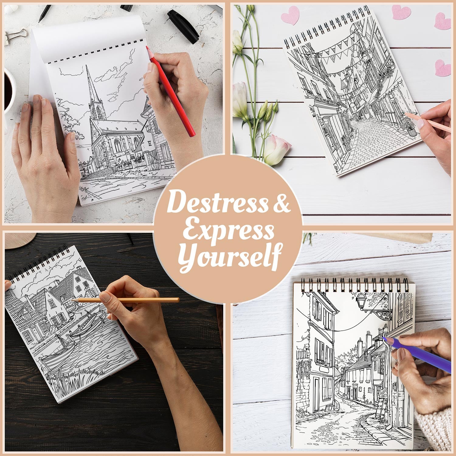 Netecom French Town Coloring Book Spiral Bound For Adults