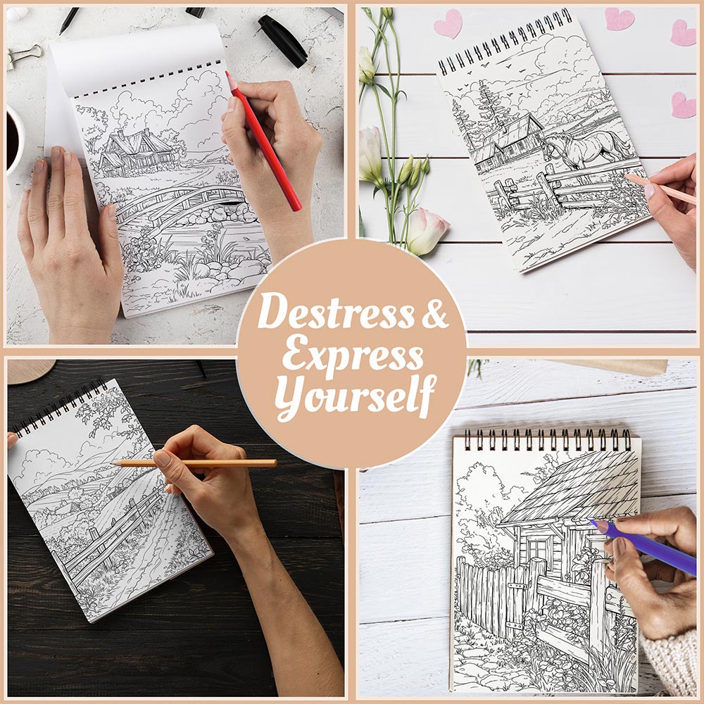Netecom Charming Country Coloring Book Spiral Bound For Adults