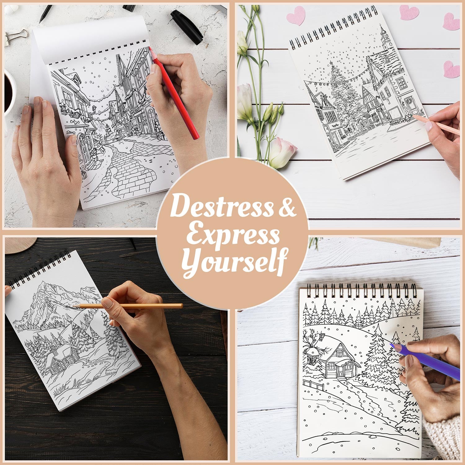 Netecom Christmas Landscape Coloring Book Spiral Bound For Adults
