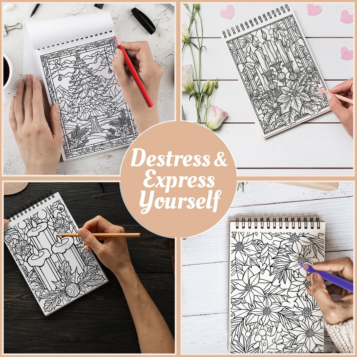 Netecom Christmas Stained Glass Coloring Book Spiral Bound For Adults