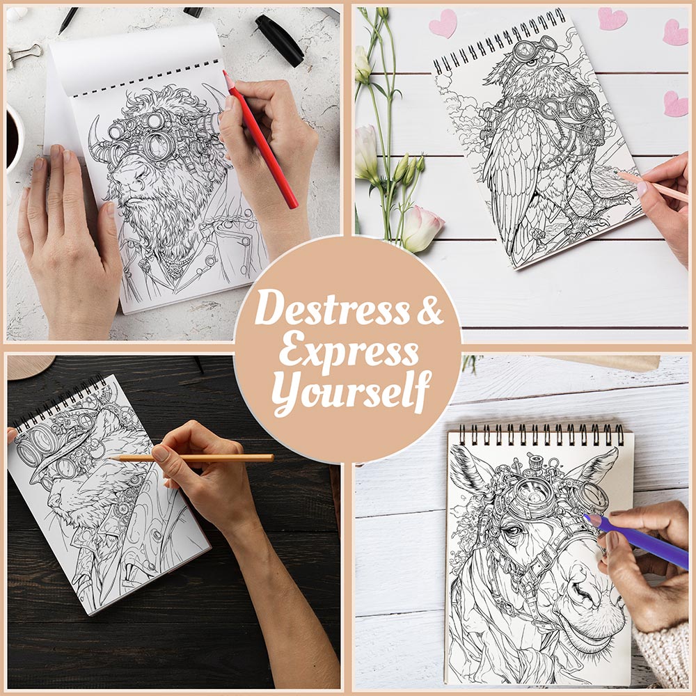 Netecom SteamPunk Animal Coloring Book Spiral Bound For Adults