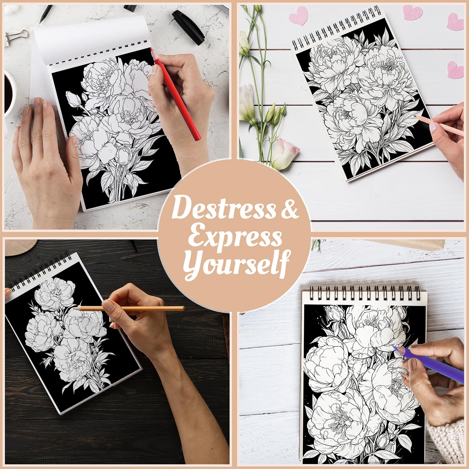 Netecom Midnight Peonies Flowers Coloring Book Spiral Bound For Adults