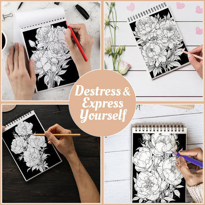Netecom Midnight Peonies Flowers Coloring Book Spiral Bound For Adults