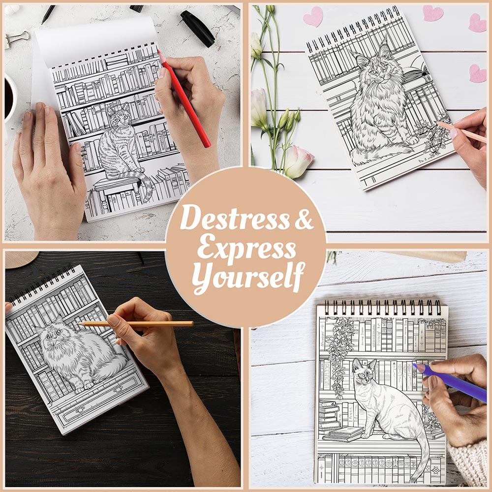 Netecom Cats in Libraries Coloring Book Spiral Bound For Adults
