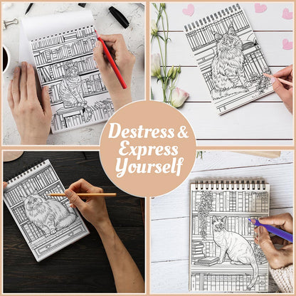 Netecom Cats in Libraries Coloring Book Spiral Bound For Adults