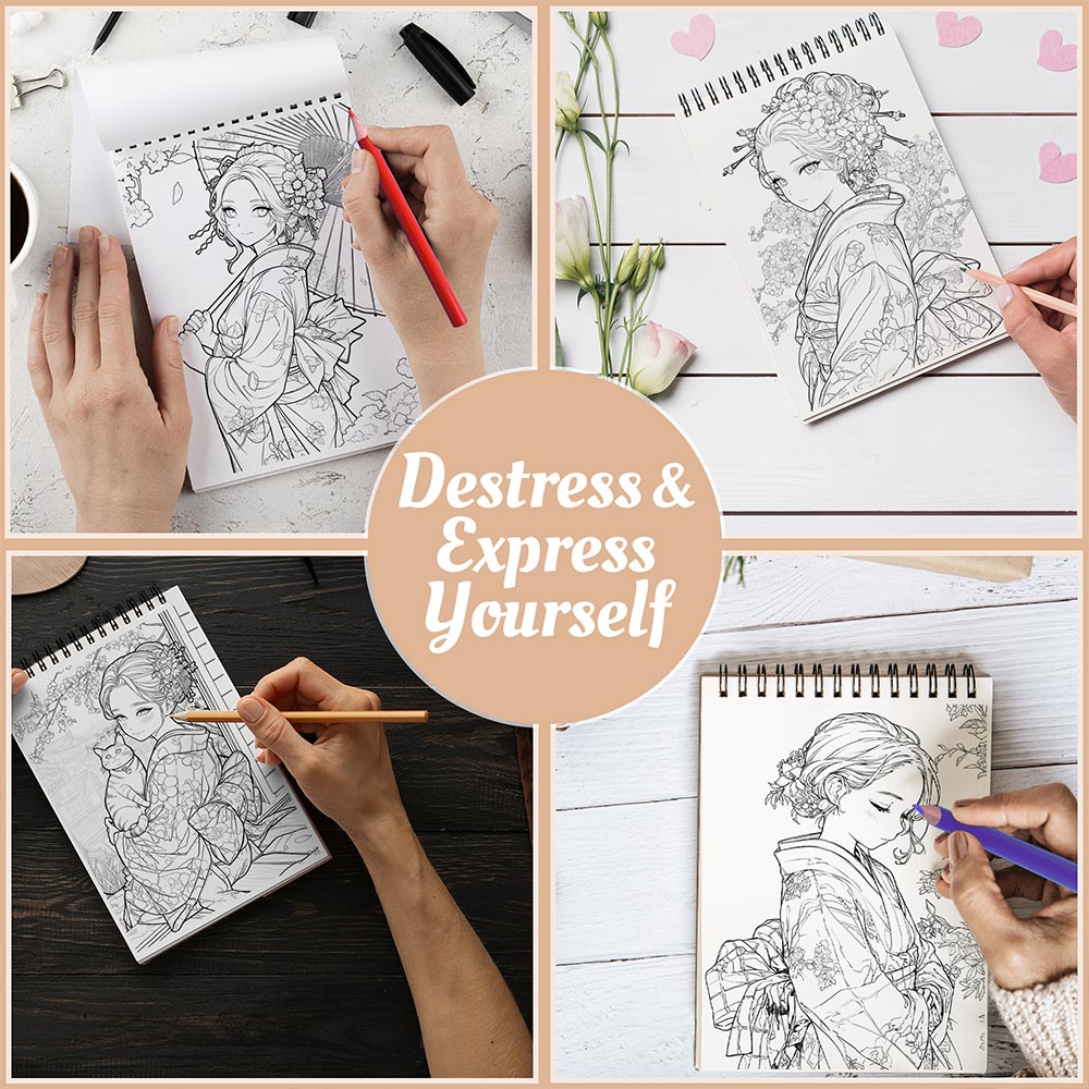 Netecom Pretty Kimono Coloring Book Spiral Bound For Adults