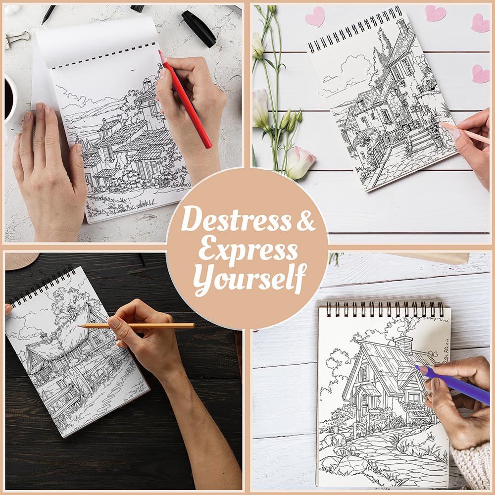 Village Charm Coloring Book Spiral Bound For Adults