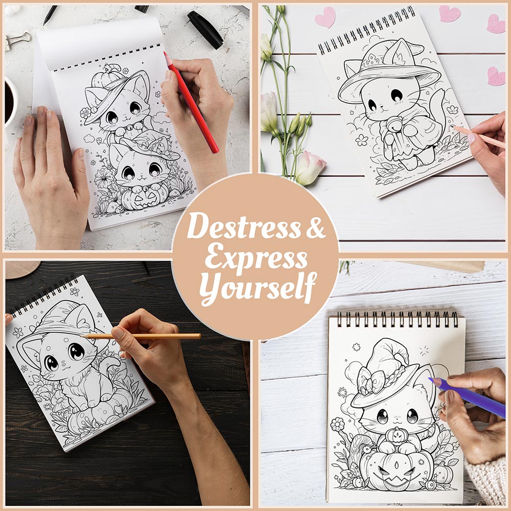 Netecom Cute Kawaii Cat Witches Coloring Book Spiral Bound For Adults