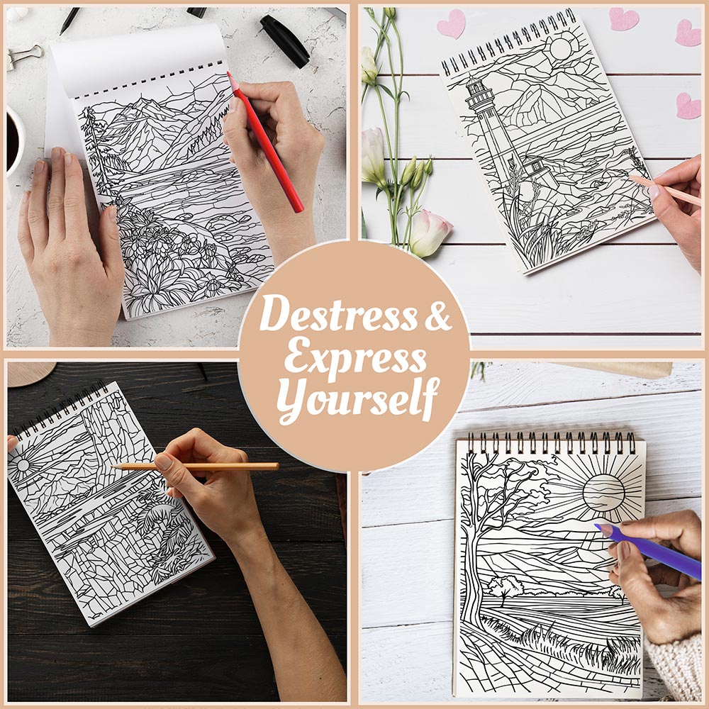 Netecom Stained Glass Landscape Coloring Book Spiral Bound For Adults