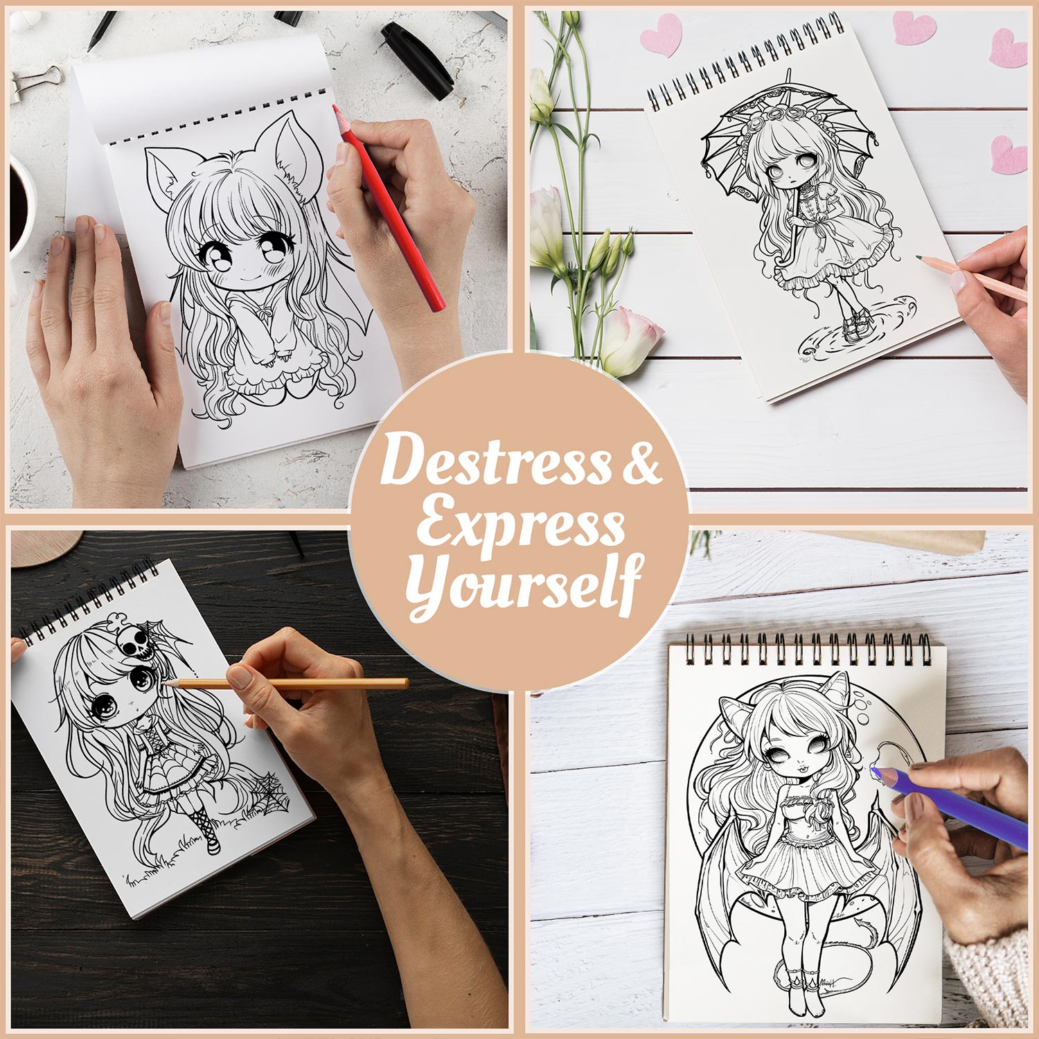 Netecom Chibi Gothic Girl Coloring Book Spiral Bound For Adults