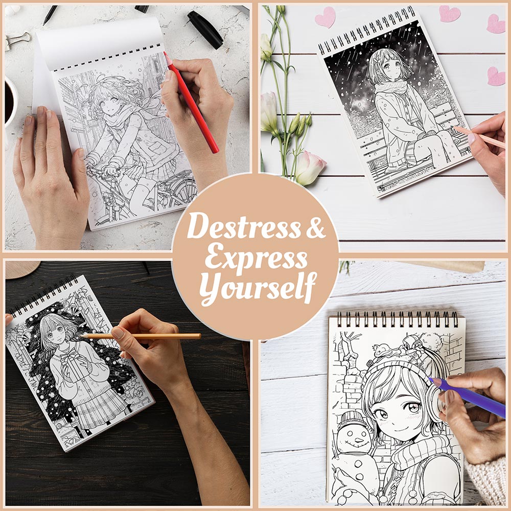 Anime Winter Scenes Coloring Book Spiral Bound For Adults