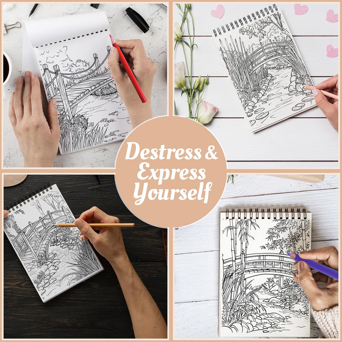 Netecom Garden Bridges Coloring Book Spiral Bound For Adults