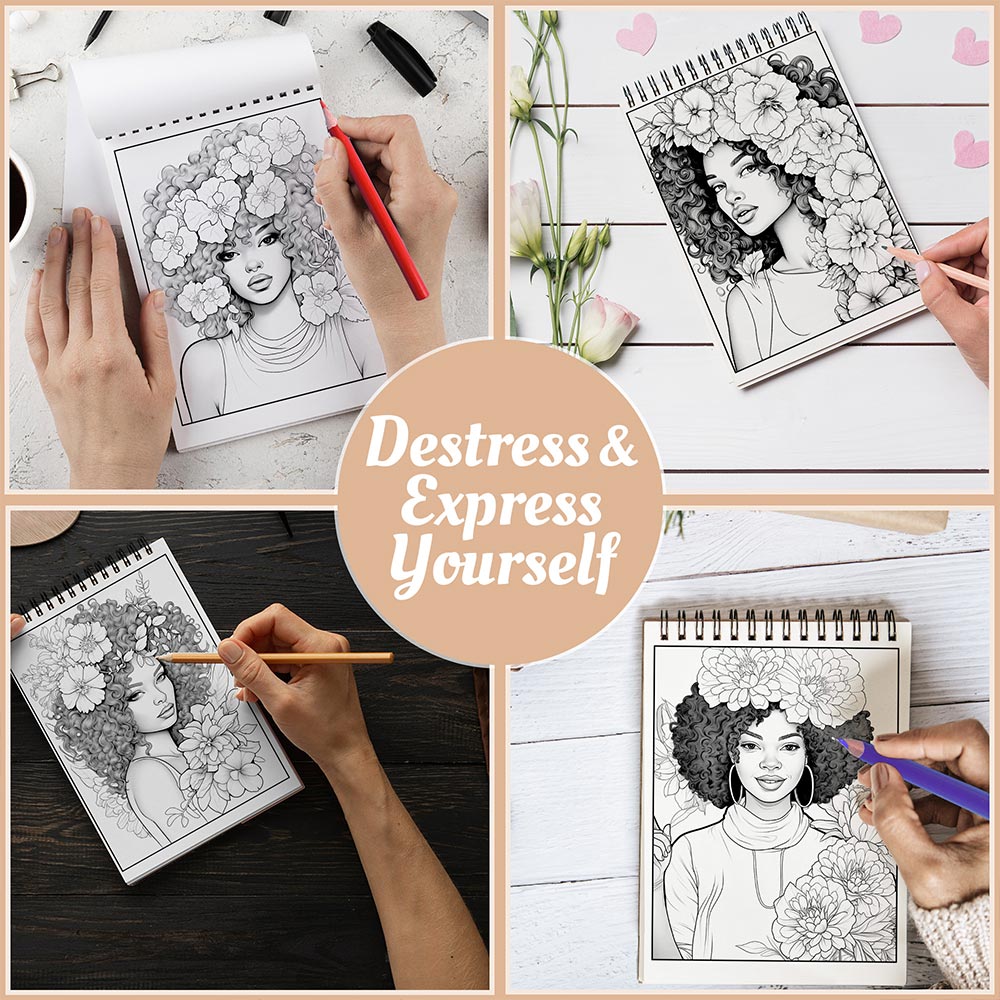 Netecom Black Women Flowers Coloring Book Spiral Bound For Adults