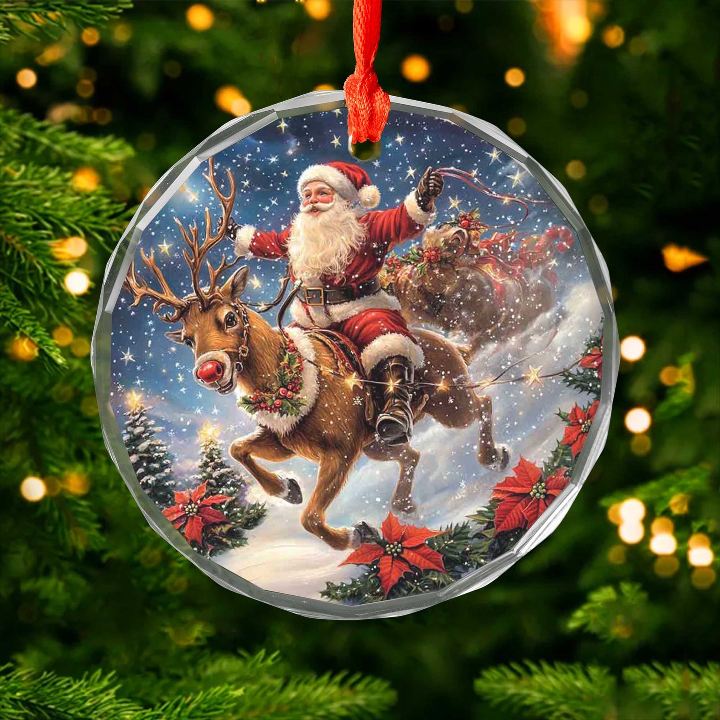 Netecom Santa Claus Riding Reindeer with Sleigh Glass Ornament – Christmas Tree Decoration, Holiday Keepsake Gift, 3 in