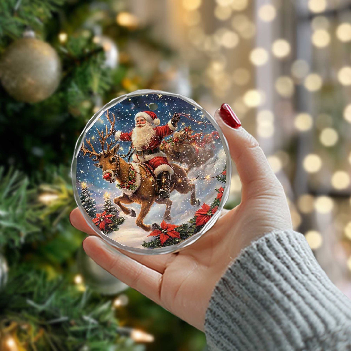 Netecom Santa Claus Riding Reindeer with Sleigh Glass Ornament – Christmas Tree Decoration, Holiday Keepsake Gift, 3 in