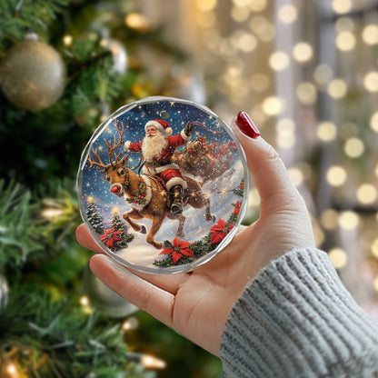 Netecom Santa Claus Riding Reindeer with Sleigh Glass Ornament – Christmas Tree Decoration, Holiday Keepsake Gift, 3 in