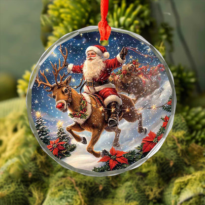 Netecom Santa Claus Riding Reindeer with Sleigh Glass Ornament – Christmas Tree Decoration, Holiday Keepsake Gift, 3 in