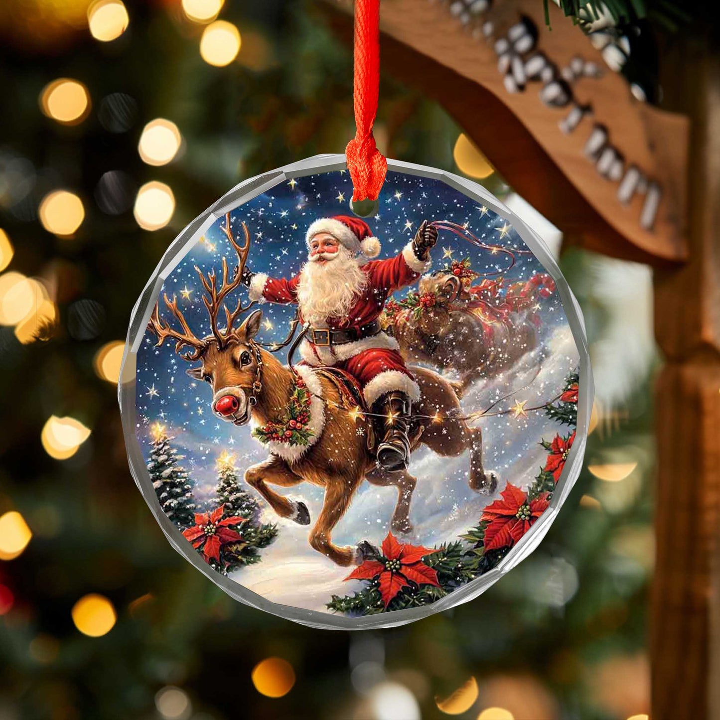 Netecom Santa Claus Riding Reindeer with Sleigh Glass Ornament – Christmas Tree Decoration, Holiday Keepsake Gift, 3 in