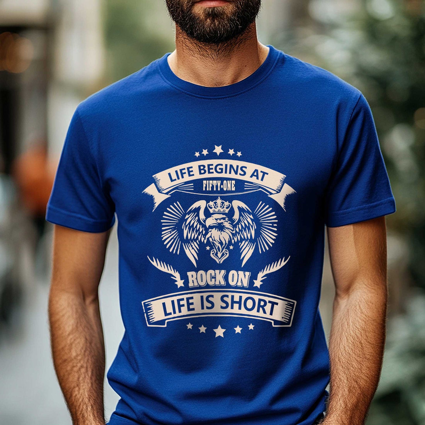 Netecom Life Begin Rock On T-Shirt, Playful Birthday Gift for Men Celebrating 51, Funny 51st Birthday Tee, Trendy Men’s Shirt