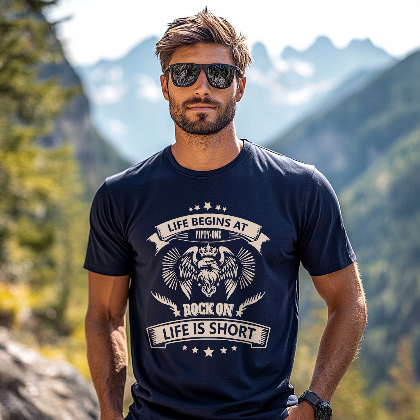 Netecom Life Begin Rock On T-Shirt, Playful Birthday Gift for Men Celebrating 51, Funny 51st Birthday Tee, Trendy Men’s Shirt
