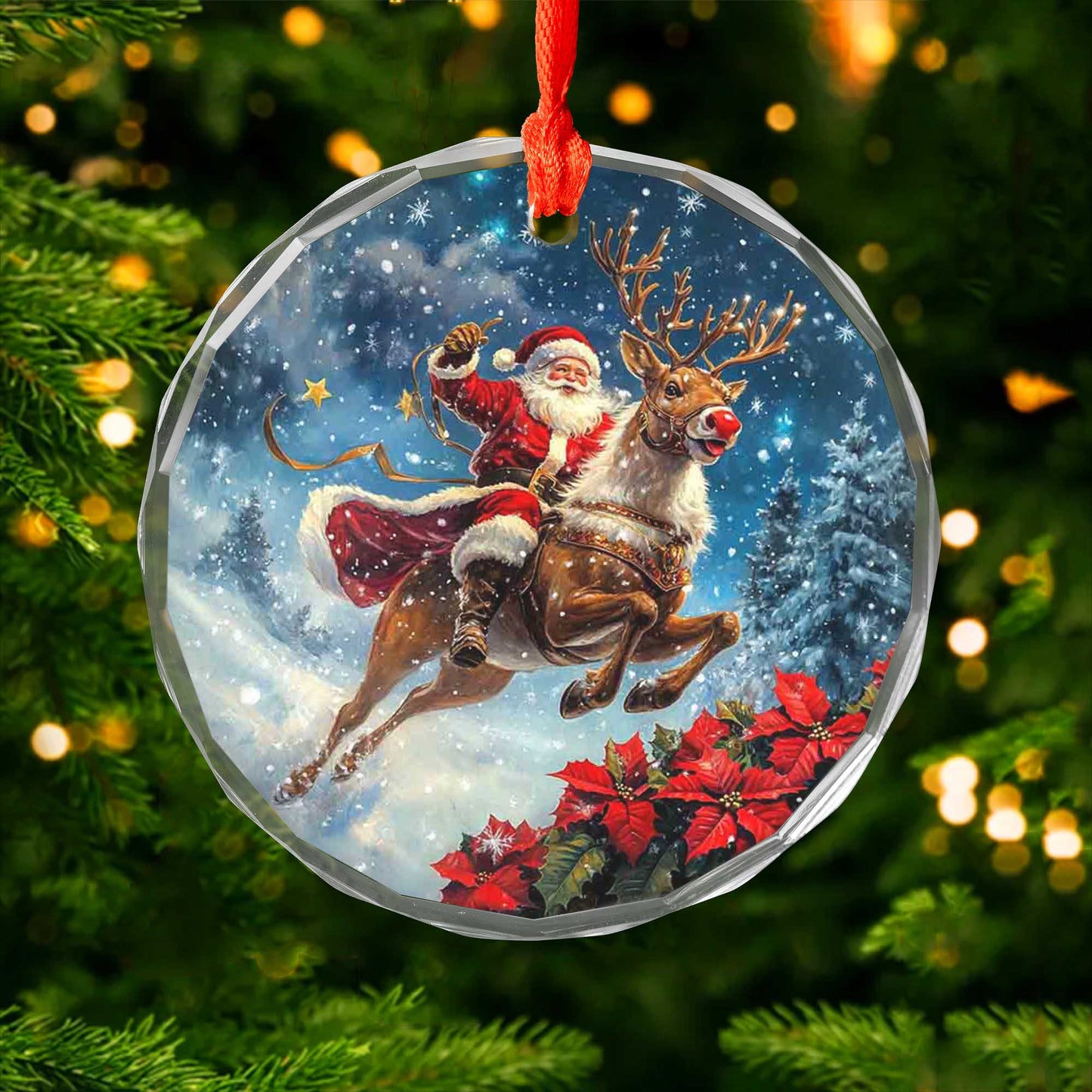 Netecom Santa Claus on Reindeer with Sleigh Glass Ornament – Festive Christmas Tree Decor, Seasonal Keepsake, 3 in