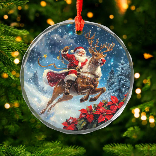 Netecom Santa Claus on Reindeer with Sleigh Glass Ornament – Festive Christmas Tree Decor, Seasonal Keepsake, 3 in