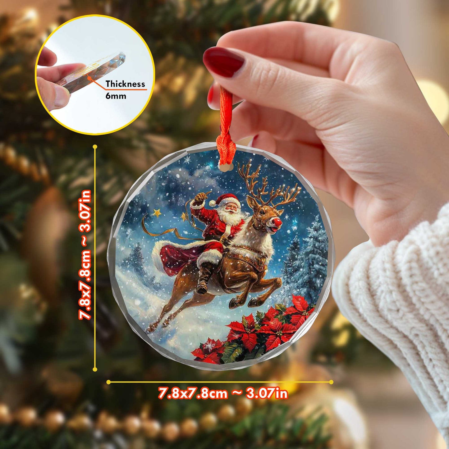 Netecom Santa Claus on Reindeer with Sleigh Glass Ornament – Festive Christmas Tree Decor, Seasonal Keepsake, 3 in