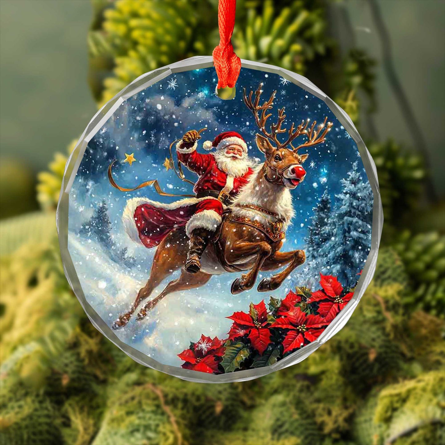 Netecom Santa Claus on Reindeer with Sleigh Glass Ornament – Festive Christmas Tree Decor, Seasonal Keepsake, 3 in