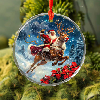 Netecom Santa Claus on Reindeer with Sleigh Glass Ornament – Festive Christmas Tree Decor, Seasonal Keepsake, 3 in