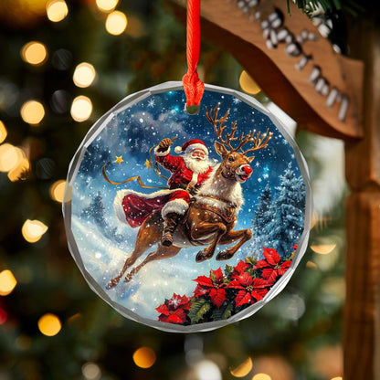 Netecom Santa Claus on Reindeer with Sleigh Glass Ornament – Festive Christmas Tree Decor, Seasonal Keepsake, 3 in