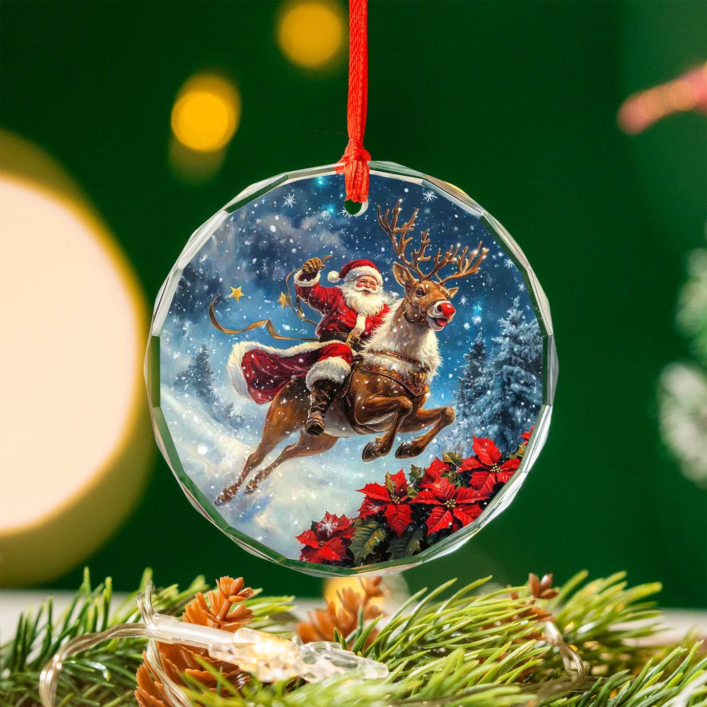 Netecom Santa Claus on Reindeer with Sleigh Glass Ornament – Festive Christmas Tree Decor, Seasonal Keepsake, 3 in