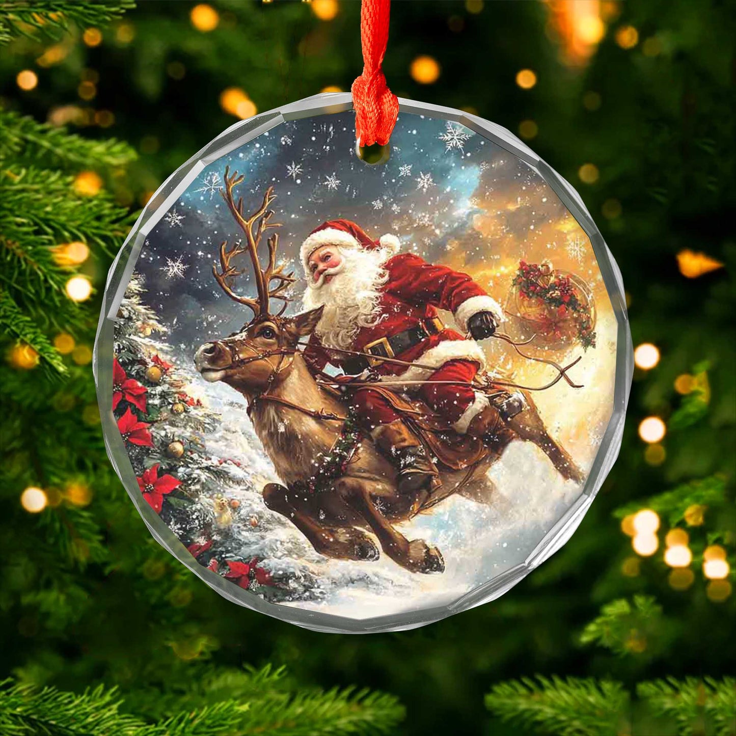 Netecom Santa Claus and Reindeer Glass Ornament – Christmas Tree Decoration, Holiday Cheer Gift, 3 in