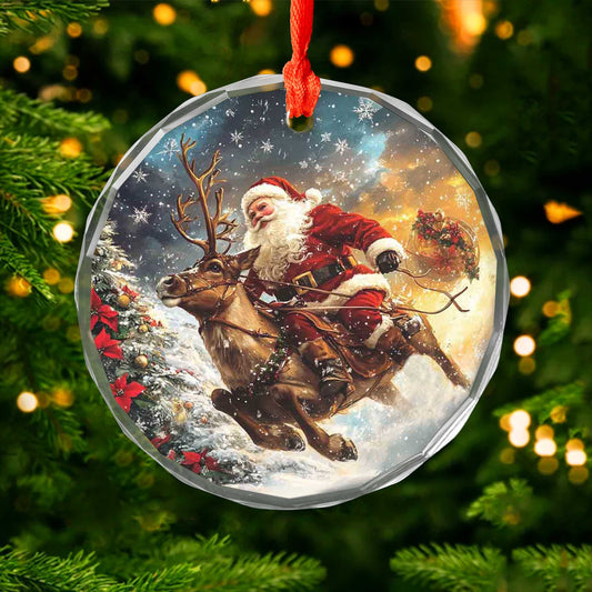 Netecom Santa Claus and Reindeer Glass Ornament – Christmas Tree Decoration, Holiday Cheer Gift, 3 in