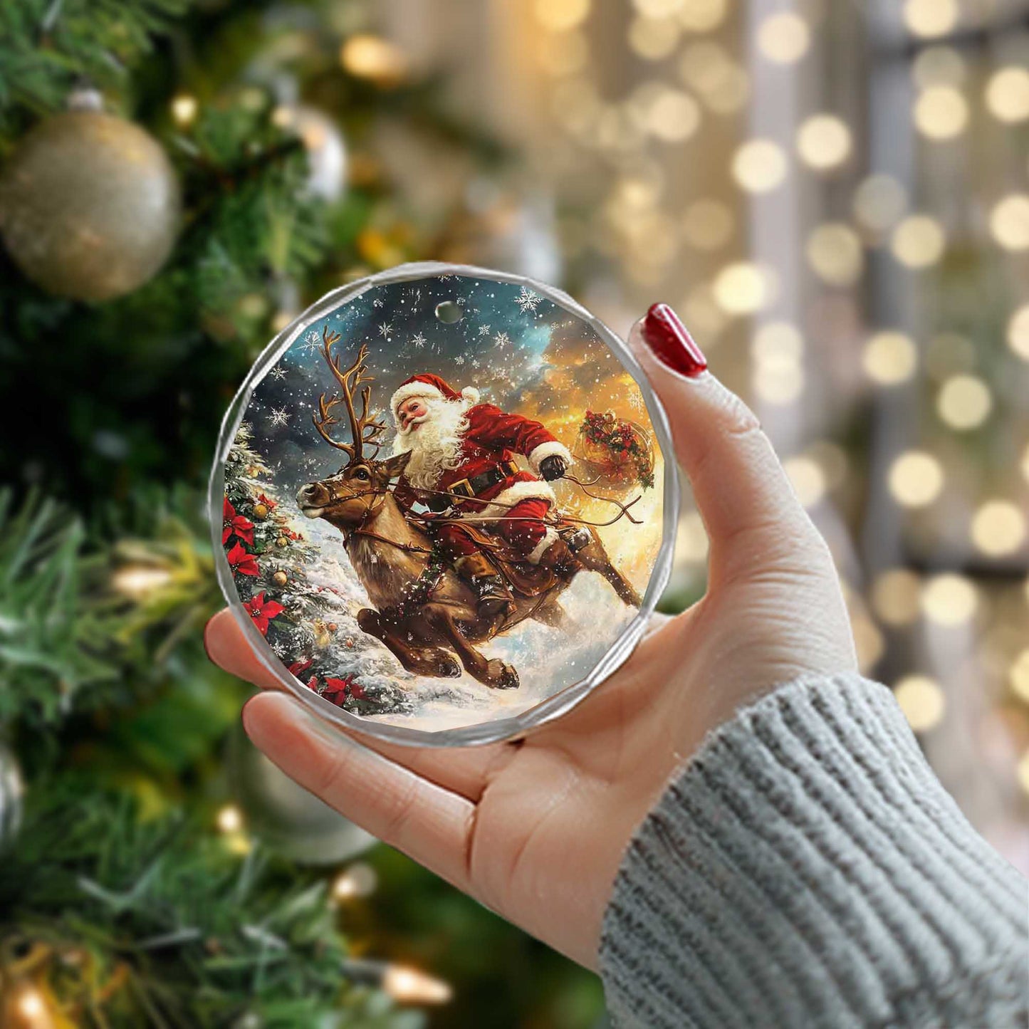 Netecom Santa Claus and Reindeer Glass Ornament – Christmas Tree Decoration, Holiday Cheer Gift, 3 in