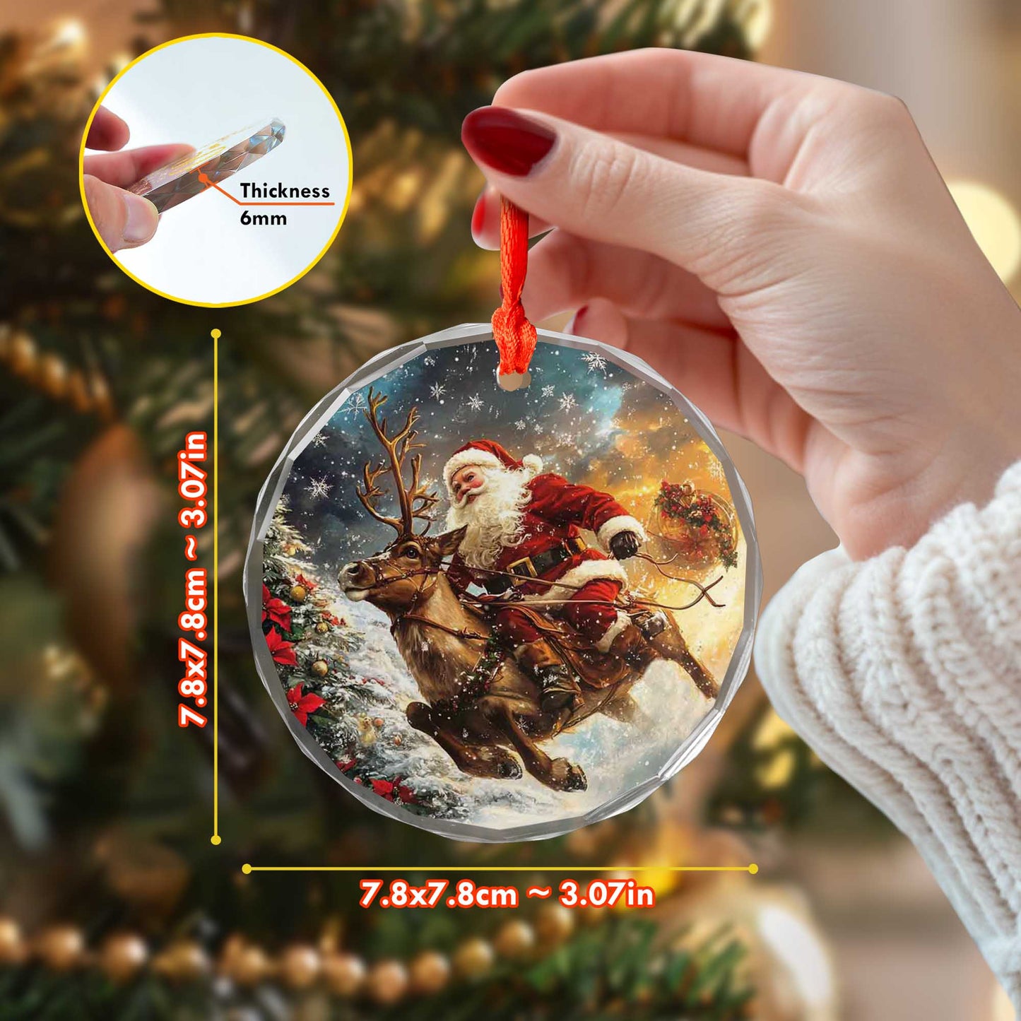 Netecom Santa Claus and Reindeer Glass Ornament – Christmas Tree Decoration, Holiday Cheer Gift, 3 in