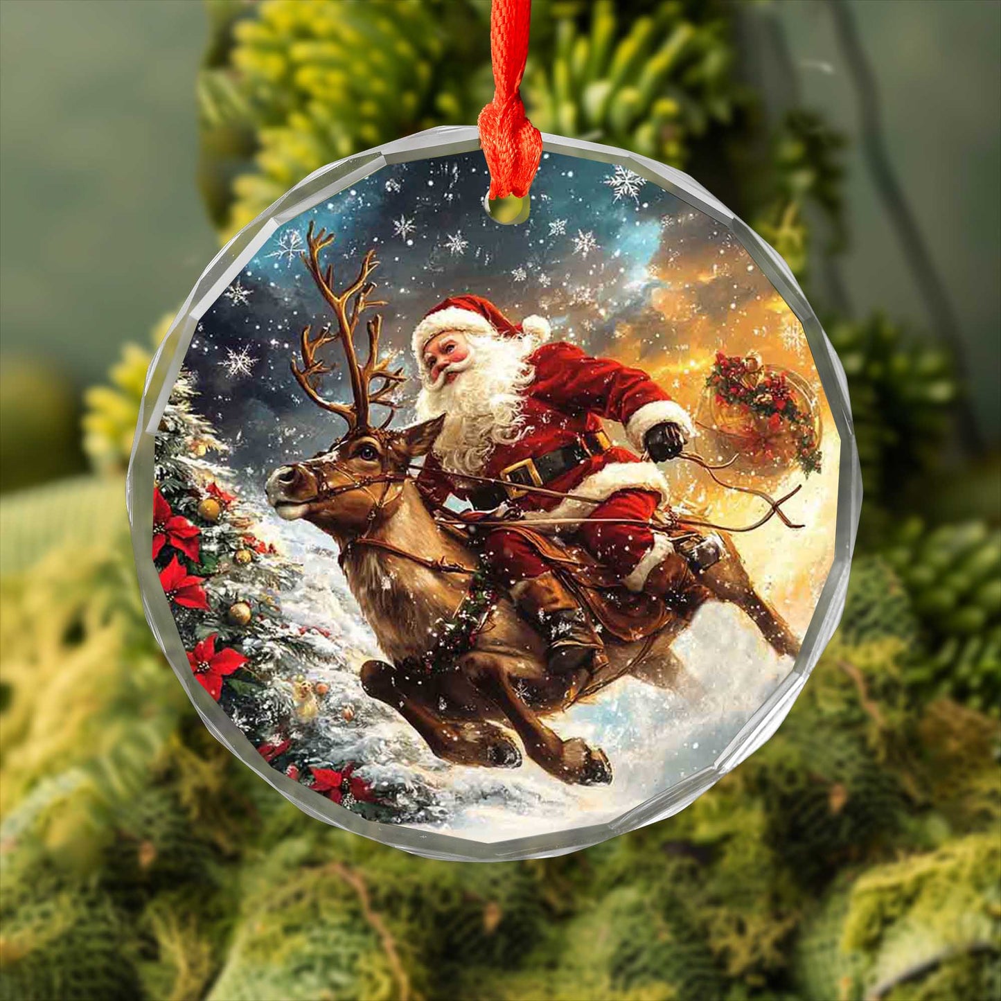 Netecom Santa Claus and Reindeer Glass Ornament – Christmas Tree Decoration, Holiday Cheer Gift, 3 in