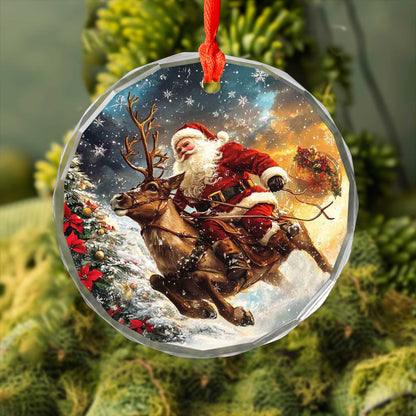 Netecom Santa Claus and Reindeer Glass Ornament – Christmas Tree Decoration, Holiday Cheer Gift, 3 in