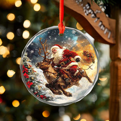 Netecom Santa Claus and Reindeer Glass Ornament – Christmas Tree Decoration, Holiday Cheer Gift, 3 in