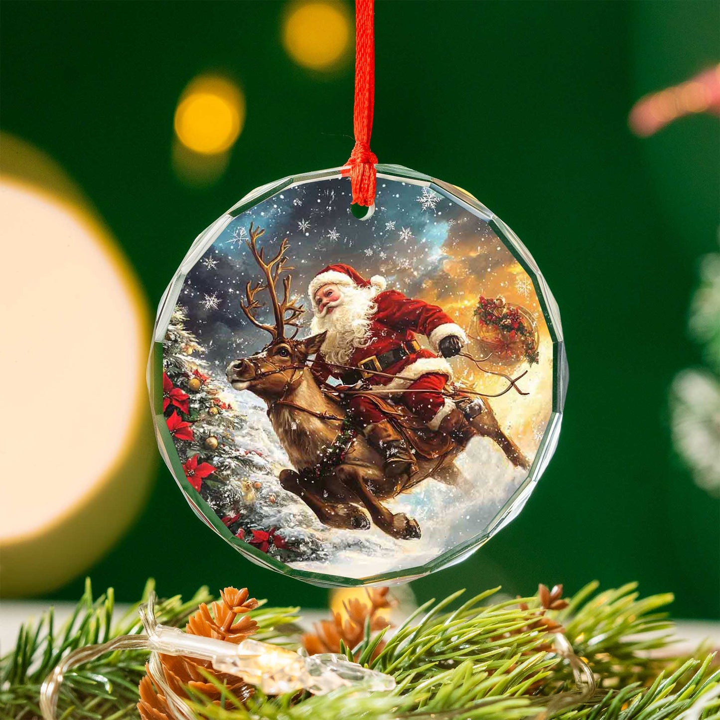 Netecom Santa Claus and Reindeer Glass Ornament – Christmas Tree Decoration, Holiday Cheer Gift, 3 in
