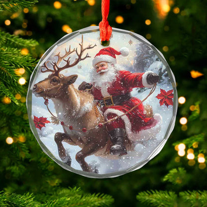 Netecom Santa Claus and Sleigh Glass Ornament – Riding Reindeer, Christmas Tree Decoration, Holiday Keepsake, 3 in