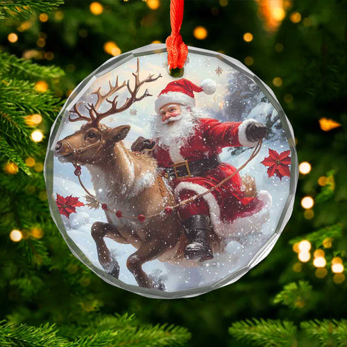 Netecom Santa Claus and Sleigh Glass Ornament – Riding Reindeer, Christmas Tree Decoration, Holiday Keepsake, 3 in